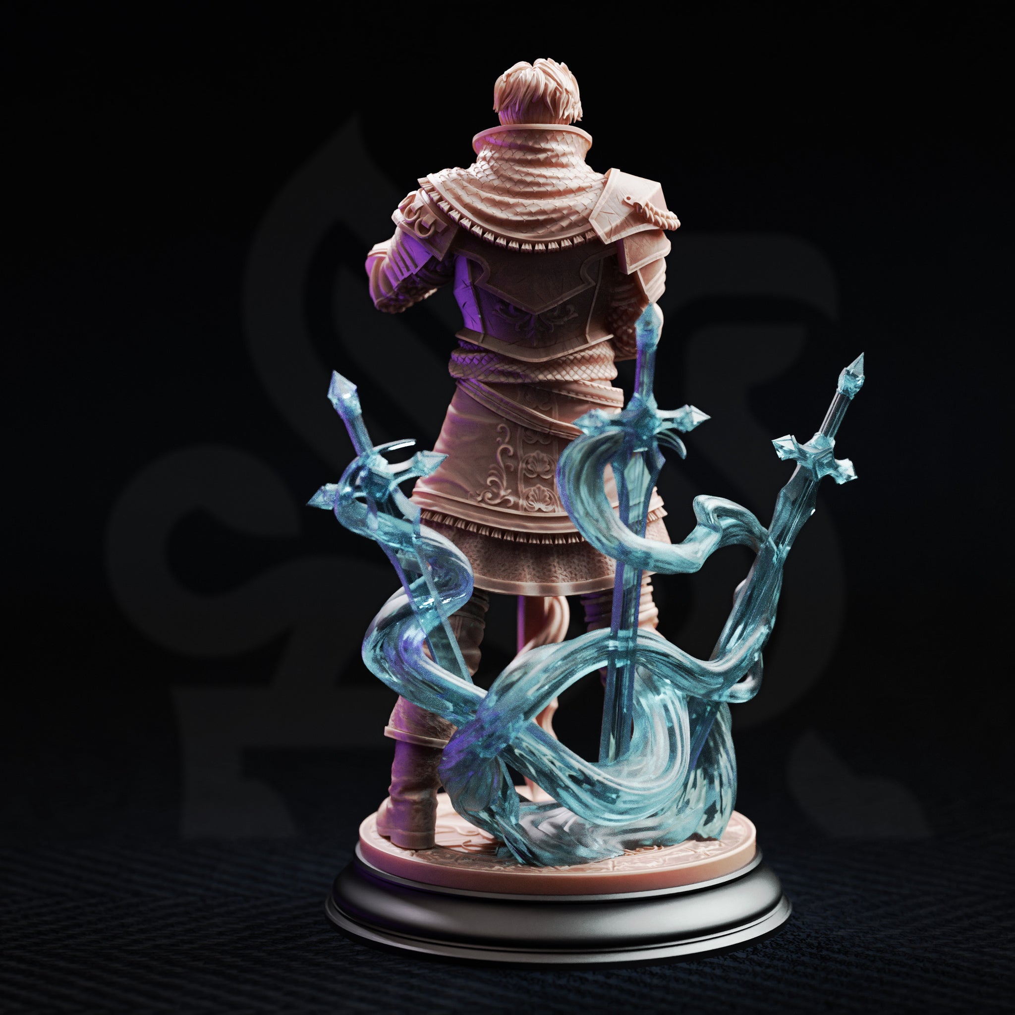 Felix Droste Graduate Battlemage 32mm resin miniature — rear view digital render showing detailed back armour, layered robes with embossed scrollwork, and the full arc of three translucent force blade conjurations wreathing the base in swirling magical energy