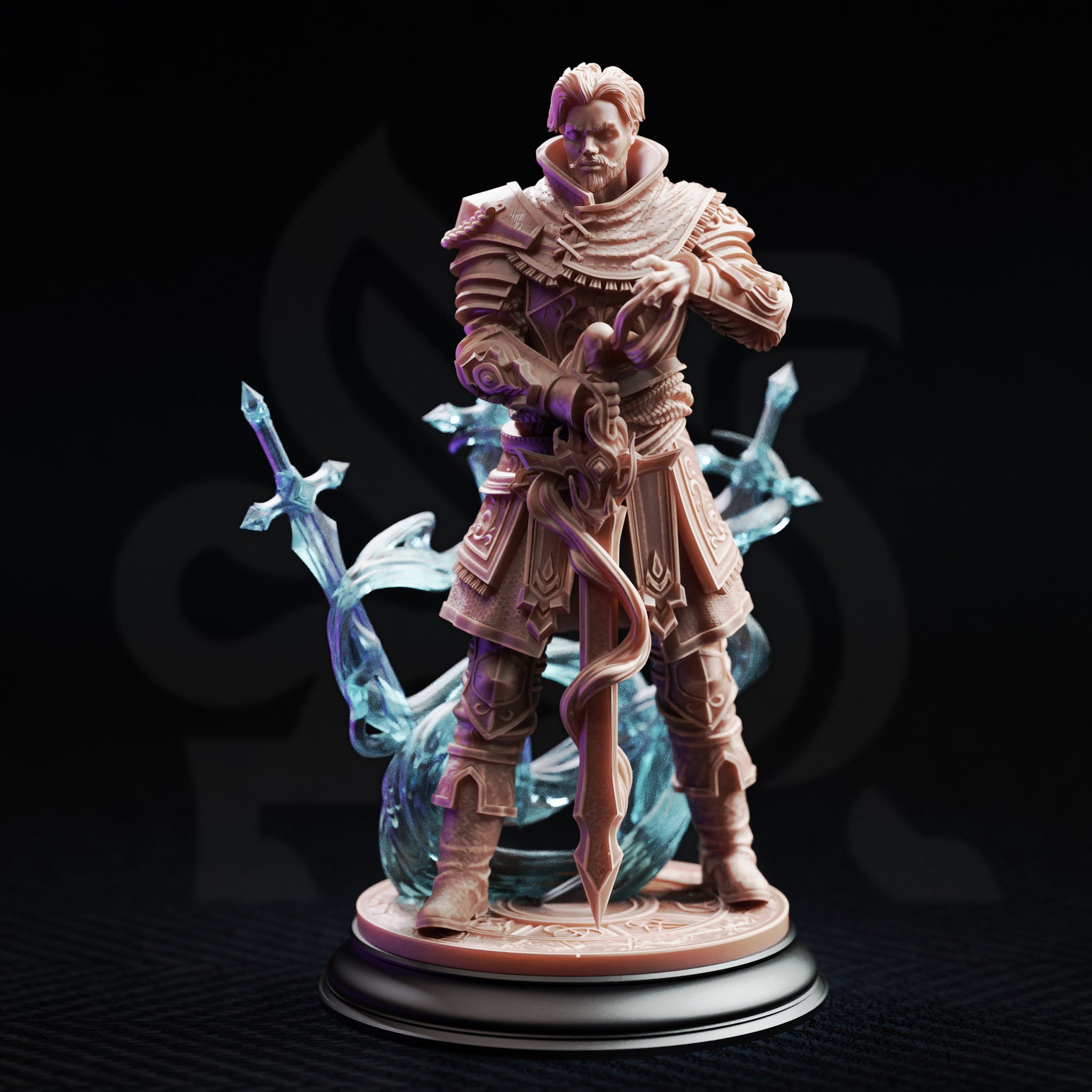 Felix Droste Graduate Battlemage 32mm resin miniature — three-quarter front view unpainted grey resin print showing full sculpt detail including pauldrons, gauntlet, magical sword grip, focused facial expression, and glowing blue translucent conjured blades on an arcane circular base