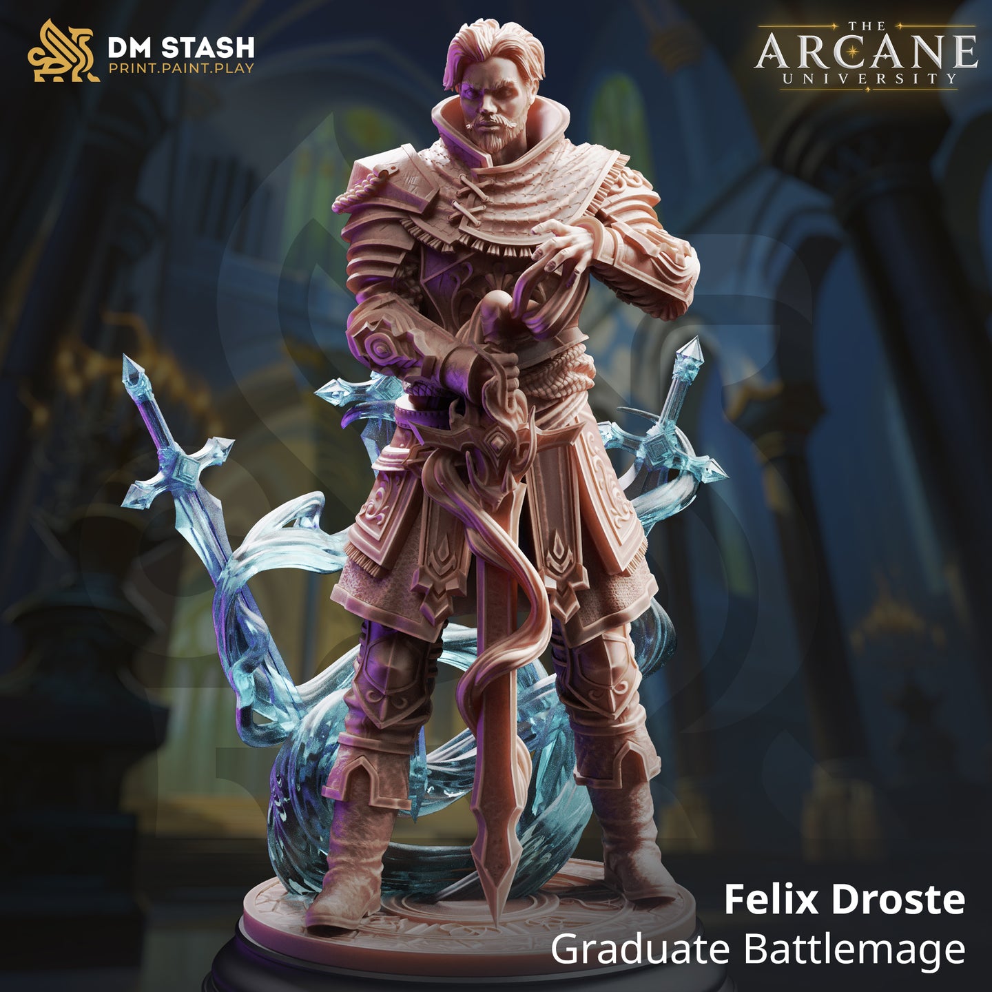 Felix Droste Graduate Battlemage 32mm resin miniature — front view digital render showing armoured human warrior-mage in layered plate and robes, gripping a magical sword planted before him, with three conjured crystalline arcane blades orbiting him, on an arcane-sigil engraved base
