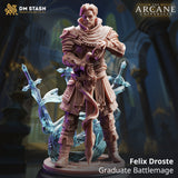 Felix Droste Graduate Battlemage 32mm resin miniature — front view digital render showing armoured human warrior-mage in layered plate and robes, gripping a magical sword planted before him, with three conjured crystalline arcane blades orbiting him, on an arcane-sigil engraved base