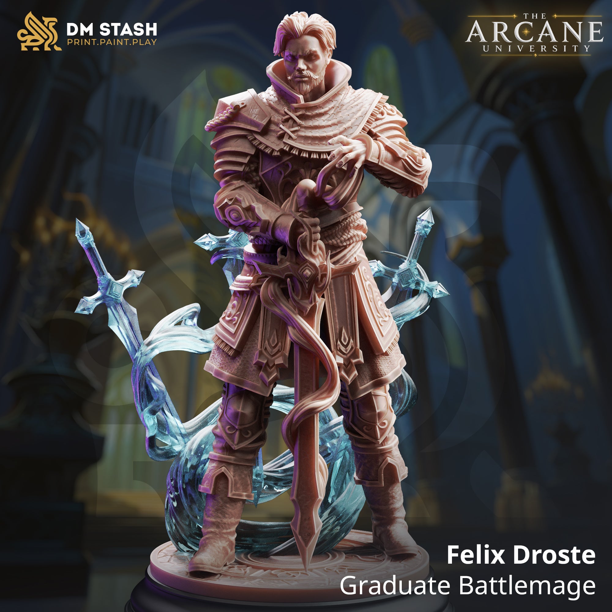 Felix Droste Graduate Battlemage 32mm resin miniature — front view digital render showing armoured human warrior-mage in layered plate and robes, gripping a magical sword planted before him, with three conjured crystalline arcane blades orbiting him, on an arcane-sigil engraved base