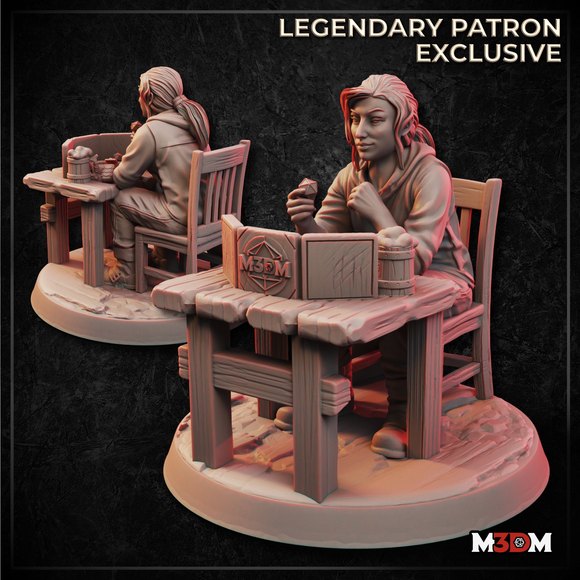 Digital render of an unpainted resin miniature showing a female Dungeon Master seated at a rustic wooden table, holding a polyhedral die in one raised hand, with an open GM screen and wooden tankard on the table. Shown from front and rear angles on an oval scenic base. Labelled as a Legendary Patron Exclusive by M3DM.