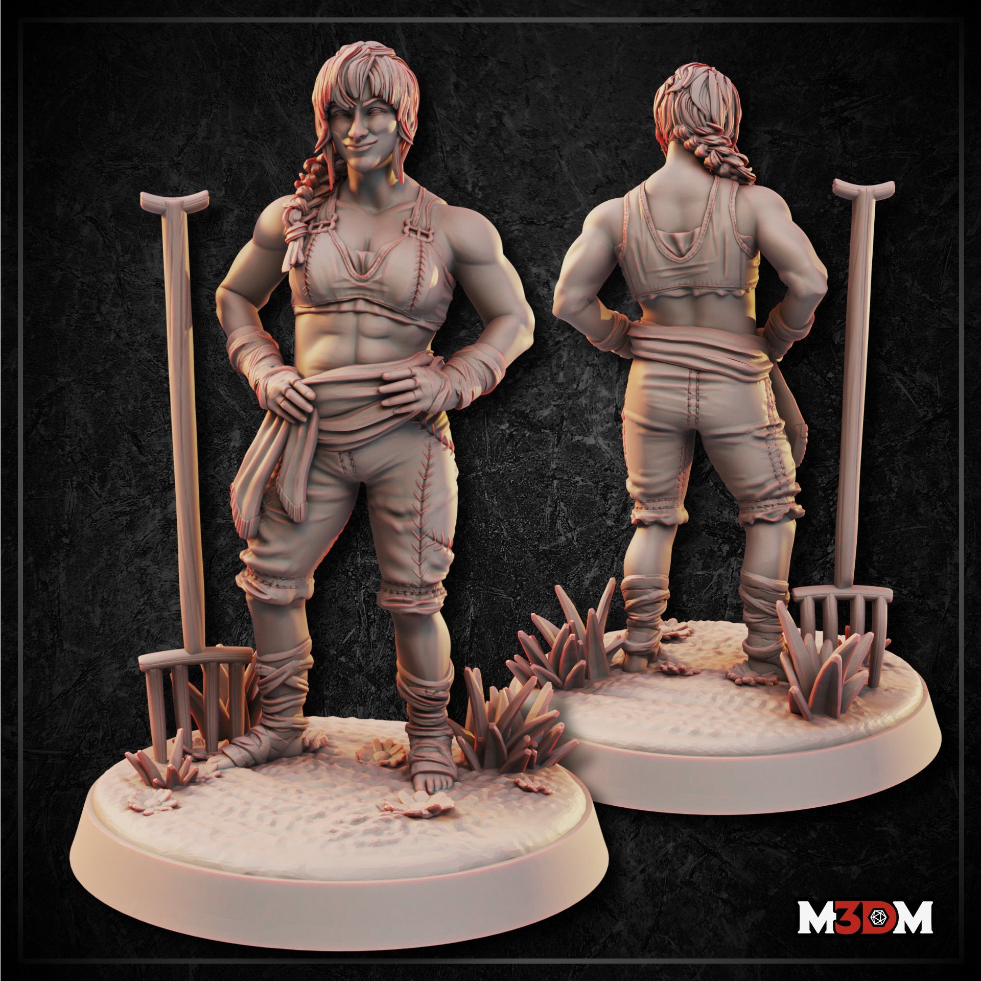 Digital render of the Female Farmer Fighter miniature by Mia Kay M3DM, shown from front and back. She is an unpainted grey resin figure with braided hair, stitched working clothes, and a smirk. She stands with one hand on her hip and leans on a long-handled rake, with wild grasses on her detailed earth base.