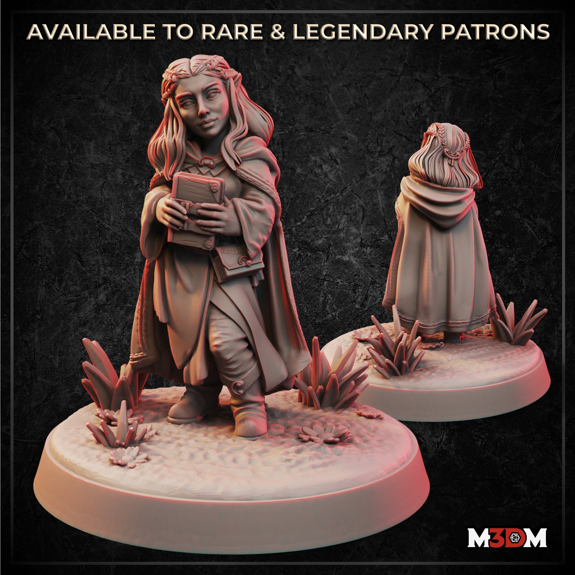 Digital render of a female halfling wizard miniature at 32mm scale, shown from front and rear. She stands on a scenic base with crystals and flowers, wearing a long travelling cloak and floral crown, clutching a large spellbook to her chest with a confident expression.