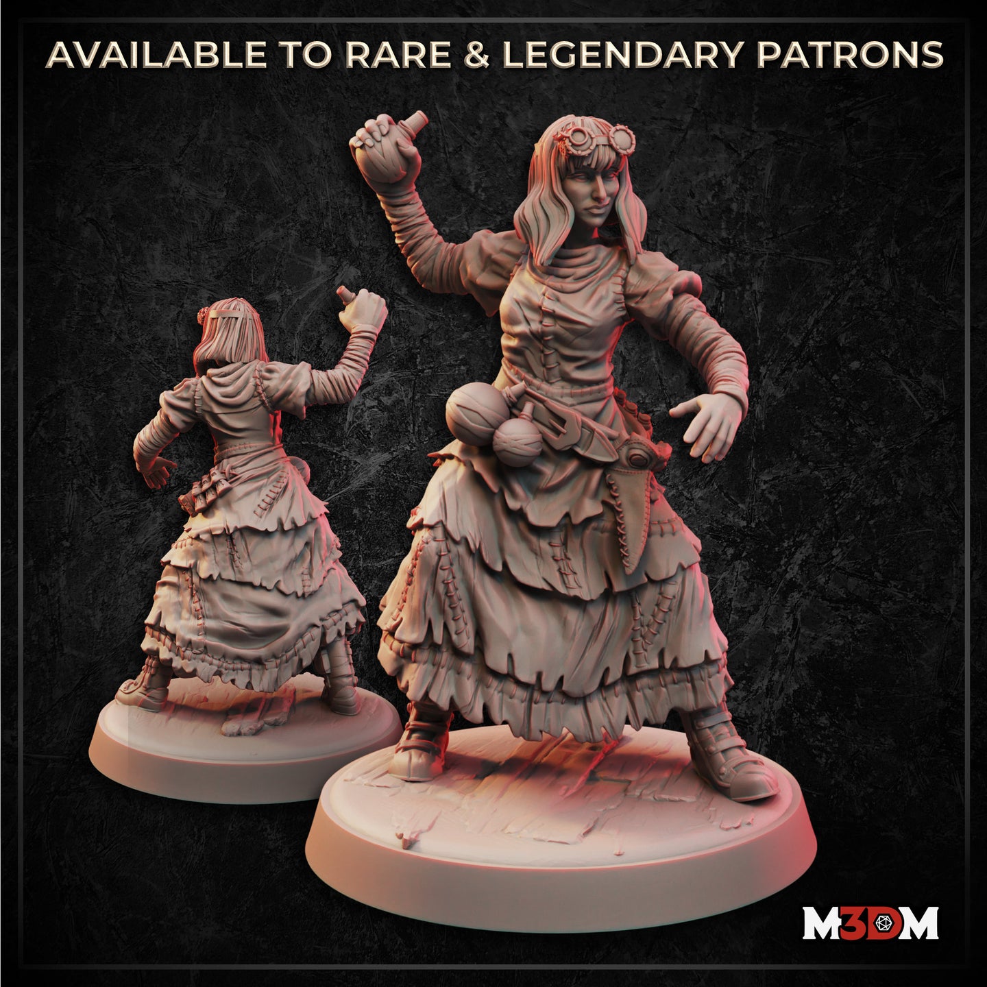 Digital render showing front and back views of the Female Plague Doctor miniature — an unpainted resin sculpt of a woman in layered tattered skirts, raising a stoppered vial in one hand, with goggles pushed up on her brow, a satchel and round flask at her hip, and a composed, unsettling expression