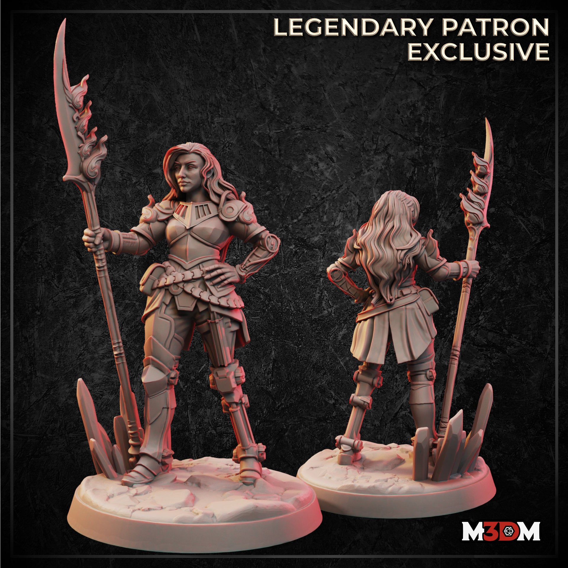 Digital render showing two views of the Female Steampunk Fighter miniature — front view with hand on hip holding a tall flame-tipped spear, wearing layered mechanical plate armour with articulated pauldrons and long flowing hair, and a rear view showing hair and back armour detail, both on textured rocky bases. Labelled as a Legendary Patron Exclusive by M3DM.