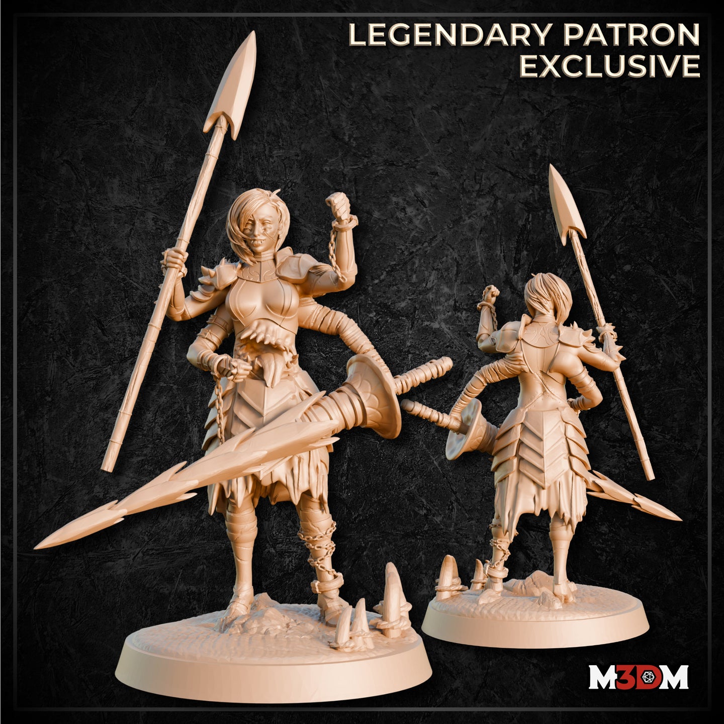 Digital render of an unpainted resin undead female fighter miniature shown from front and rear, wearing spiked layered armour with tattered cloth skirt and wrist chains, wielding a long spear in one hand and a broad blade in the other, fist raised in defiance, mounted on a rocky base with stone spikes — Legendary Patron Exclusive from M3DM