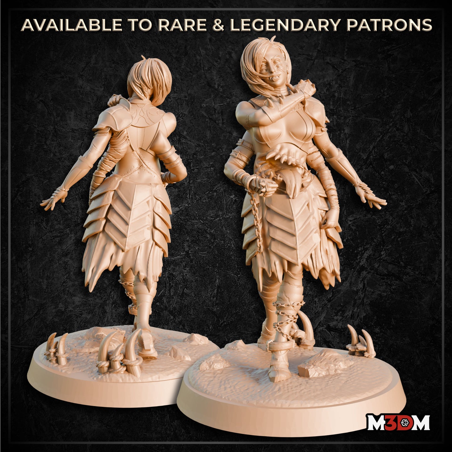 Digital render of an undead female fighter miniature shown from front and back, wearing layered scale armour over shredded cloth, holding a chain in one hand and a weapon across her shoulder, standing on a rubble and broken-claw base — sculpted by Mia Kay M3DM