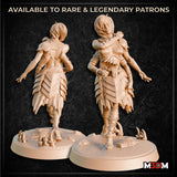 Digital render of an undead female fighter miniature shown from front and back, wearing layered scale armour over shredded cloth, holding a chain in one hand and a weapon across her shoulder, standing on a rubble and broken-claw base — sculpted by Mia Kay M3DM