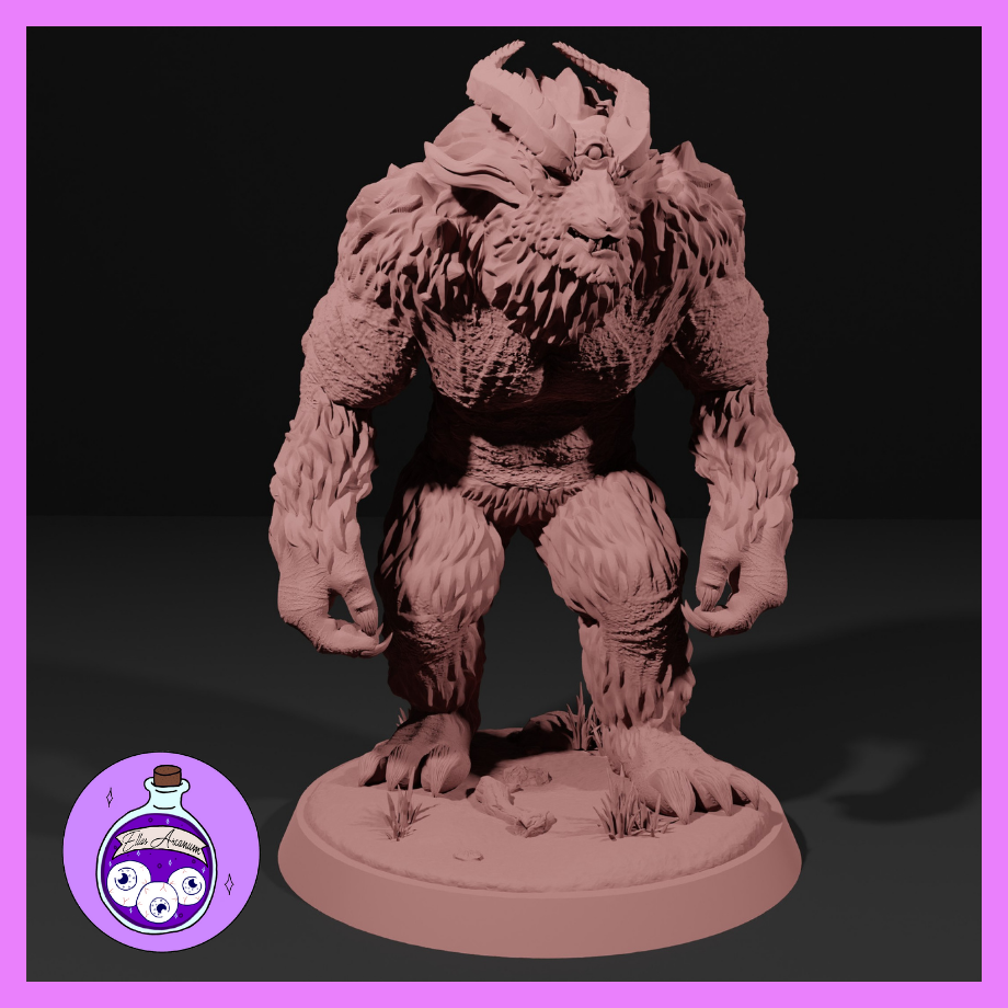 Digital render of an unpainted Feral Forest Troll miniature by Ella's Arcanum Minis — a large, hunched creature with thick shaggy fur, curved bovine horns, a snarling leonine face, and long clawed arms, mounted on a textured grass base at 32mm scale