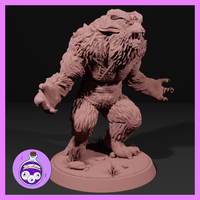 Digital render of an unpainted resin Feral Forest Troll miniature at 32mm scale, sculpted by Ella's Arcanum Minis. The troll is posed in a forward-leaning aggressive lunge, mouth wide open with broken fangs visible, one clawed hand outstretched and the other hanging at its side. Dense matted fur texture covers the body, and the figure stands on a detailed scenic base with grass tufts and rocky ground.