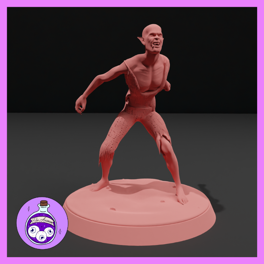 Unpainted salmon-pink resin render of a feral vampire spawn miniature in a wide aggressive stance, teeth bared, wearing tattered rags, on a round display base — sculpted by Ella's Arcanum Minis
