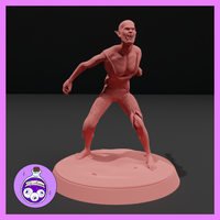Unpainted salmon-pink resin render of a feral vampire spawn miniature in a wide aggressive stance, teeth bared, wearing tattered rags, on a round display base — sculpted by Ella's Arcanum Minis