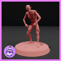 Unpainted salmon-pink resin render of a feral vampire spawn miniature in a crouching, tension-coiled pose. The gaunt humanoid figure has pointed ears, a wide snarling grin, clawed hands lowered at its sides, scarred and tattered skin across its limbs, and bare feet. Mounted on a plain round base. Ella's Arcanum Minis logo visible in the lower left corner.