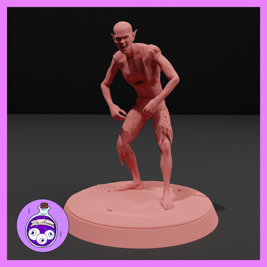 Unpainted salmon-pink resin render of a feral vampire spawn miniature in a crouching, tension-coiled pose. The gaunt humanoid figure has pointed ears, a wide snarling grin, clawed hands lowered at its sides, scarred and tattered skin across its limbs, and bare feet. Mounted on a plain round base. Ella's Arcanum Minis logo visible in the lower left corner.