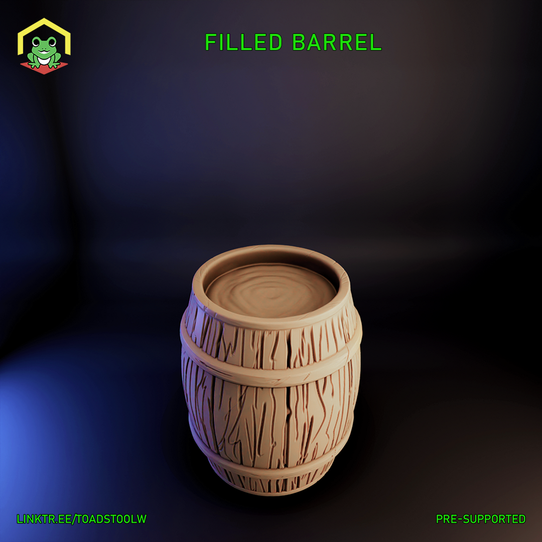 Digital render of a sealed wooden barrel scatter terrain piece at 32mm scale, showing detailed wood-grain stave texture, iron banding, and a smooth sealed top — unpainted resin, suitable for D&D tavern or dungeon battle maps