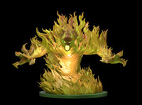 Digital render of a Fire Elemental miniature at 32mm scale — a swirling column of golden flame with a hollow dark face and glowing mouth, arms spread wide with flame-tipped hands, mounted on a round green base