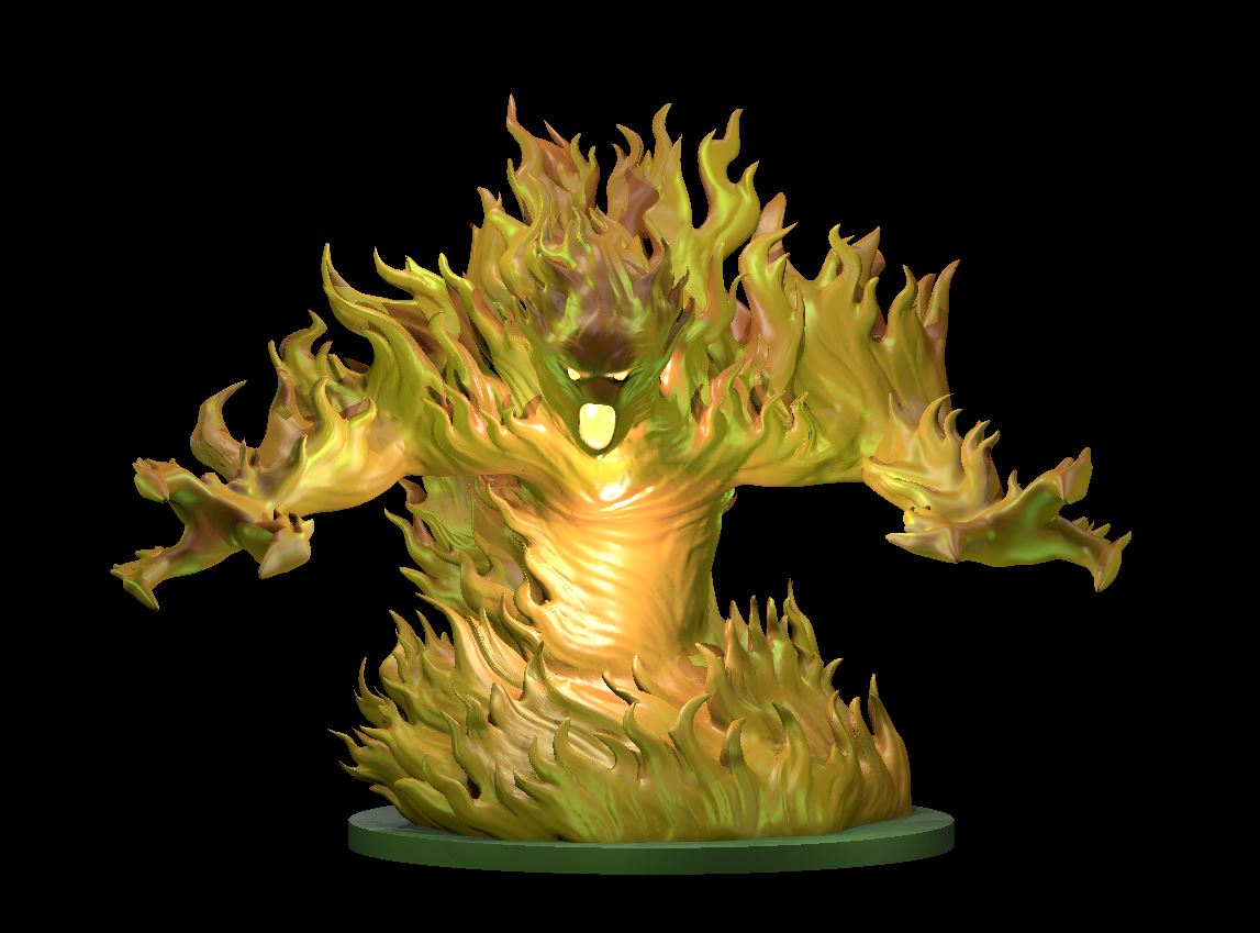 Digital render of a Fire Elemental miniature at 32mm scale — a swirling column of golden flame with a hollow dark face and glowing mouth, arms spread wide with flame-tipped hands, mounted on a round green base