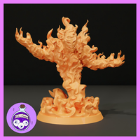 Digital render of an unpainted resin fire elemental miniature by Ella's Arcanum Minis — a humanoid flame figure with arms outstretched wide, a hollow mask-like face, and a swirling flame base, shown in warm orange resin against a dark background