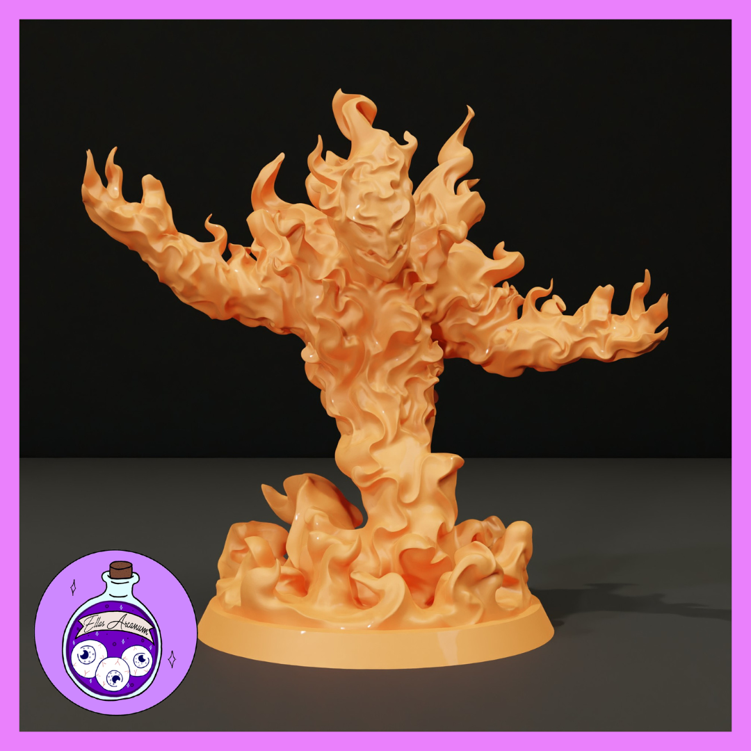 Digital render of an unpainted resin fire elemental miniature by Ella's Arcanum Minis — a humanoid flame figure with arms outstretched wide, a hollow mask-like face, and a swirling flame base, shown in warm orange resin against a dark background