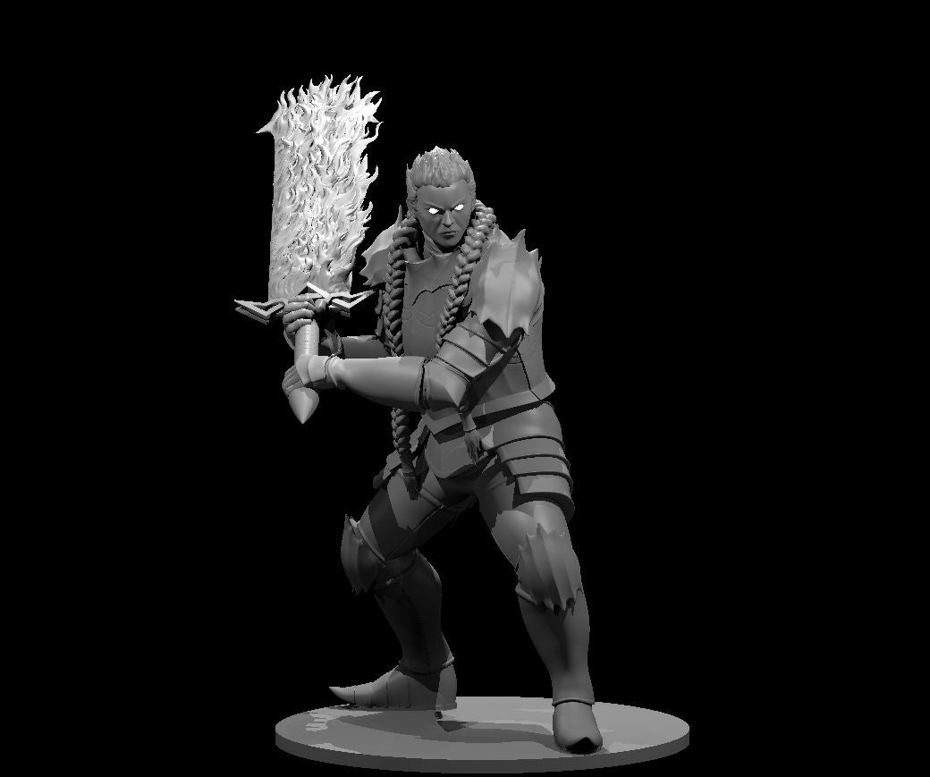 Unpainted grey resin digital render of a Female Fire Giant miniature — a muscular armoured warrior woman in a crouching combat stance, wielding an oversized flaming greatsword raised overhead. She wears jagged layered armour with spiked pauldrons and knee guards, with long braids swept back. Her expression is cold and focused. Mounted on a round flat base. 32mm scale D&D miniature by MZ4250.