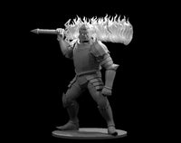 Digital render of a male Fire Giant miniature at 32mm scale — heavy angular plate armour with cloud motif on the chest, wild flame-touched hair, and a massive flaming maul rested over one shoulder. Wide combat stance on a round base. Unpainted grey resin render.