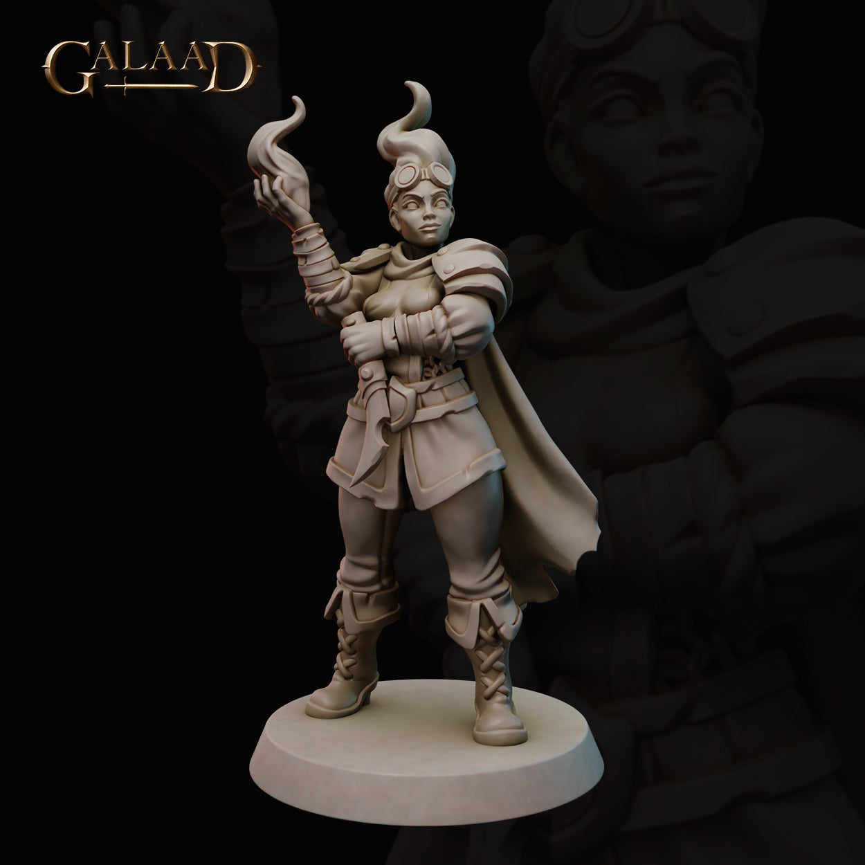 Unpainted grey resin miniature of a female human fire mage at 32mm scale, front view. She stands in a wide confident pose wearing layered armour with pauldrons, a long cape, and laced leather boots. One arm is raised with flame tendrils curling from her hand. Aviator goggles rest on her cap. Round base. Sculpted by Galaad Miniatures.