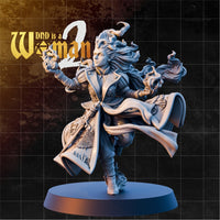 Fire Genasi woman striding forward with both hands raised, conjuring open flames in each palm. Wild, flowing hair rises upward. Long coat with ornate lining billows behind her. Sculpt by DnD is a Woman.
