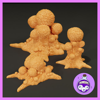 Three unpainted orange resin Fireball Mushroom scatter terrain pieces from Ella's Arcanum — a tall multi-capped cluster, a single mid-height stalk, and a wide low-spreading fungal growth, all with detailed textured surfaces and knobbly nodules, photographed against a dark background