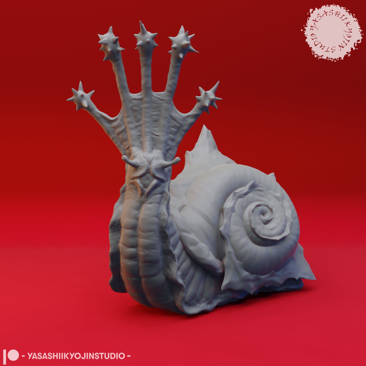 Front-facing digital render of an unpainted grey resin Flail Snail miniature, showing a large spiralled spiked shell and a fan of five barbed star-tipped tentacles rising from the creature's ridged body, with a single radial eye visible at the neck