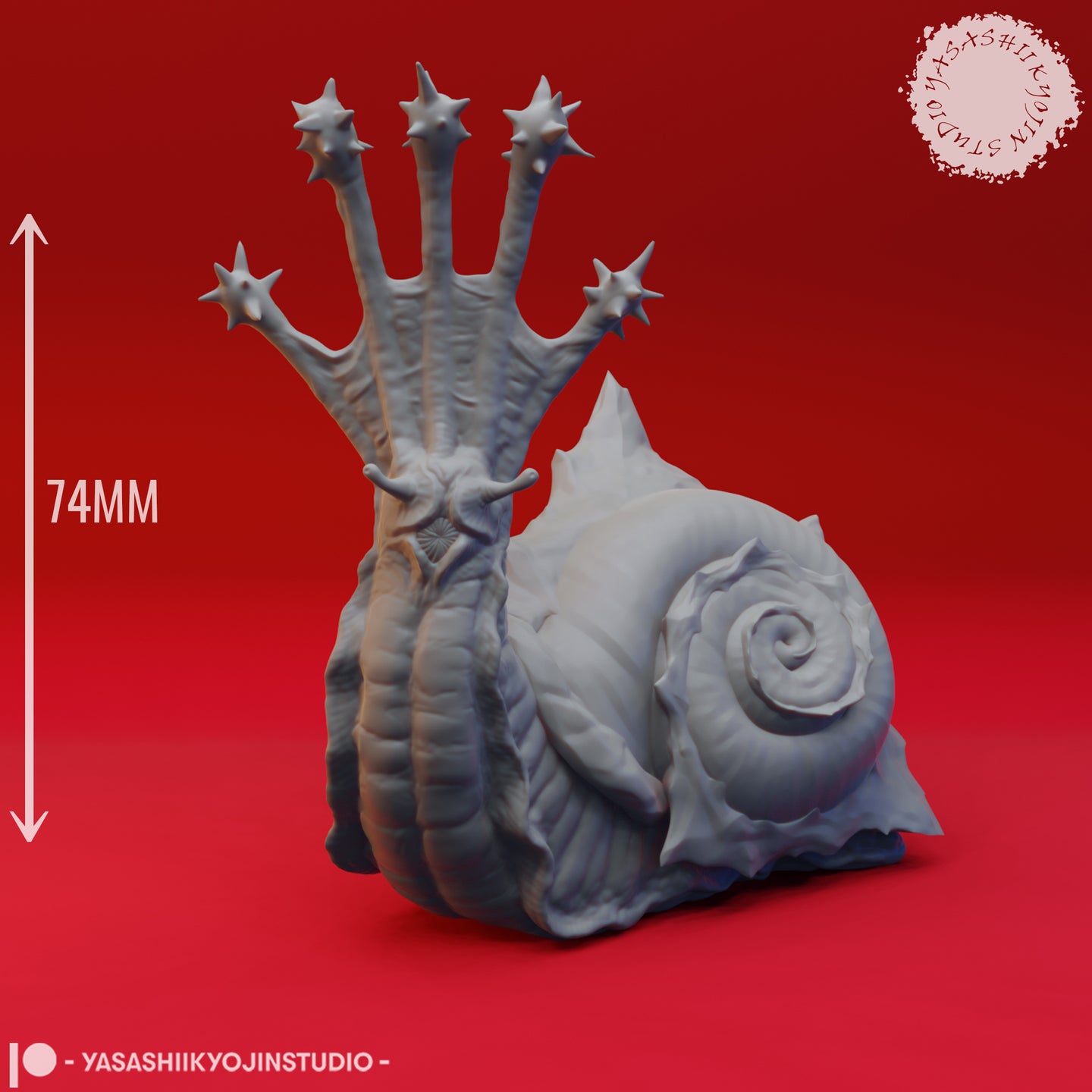 Side-on digital render of the Flail Snail miniature with a 74mm height reference arrow, showing the full scale of the spiralled shell and the crown of barbed tentacles against a red background