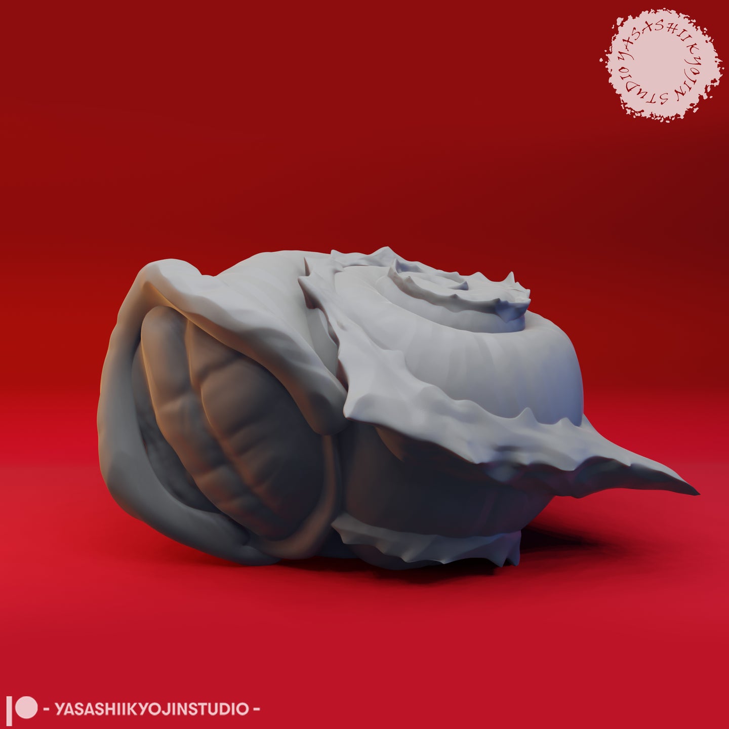 Digital render of an unpainted grey Flail Snail miniature showing a large spiralling shell with jagged dorsal spines, a serrated crest, and a pointed rear projection, with the fleshy body curled beneath — Flail Snail 02 by Yasashii Kyojin Studio