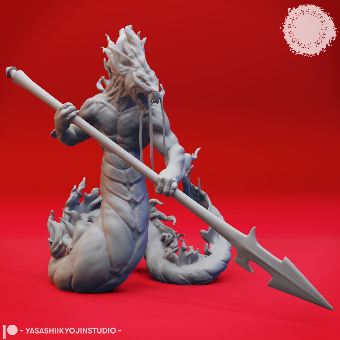 Digital render of the Flame Salamander 01 miniature by Yasashii Kyojin Studios — an unpainted grey resin-style creature with a serpentine lower body of writhing flame tendrils, muscular humanoid torso, horned gaping maw with trailing viscous strings, and both hands gripping a long barbed spear levelled diagonally across the body. Front three-quarter view on a red background.