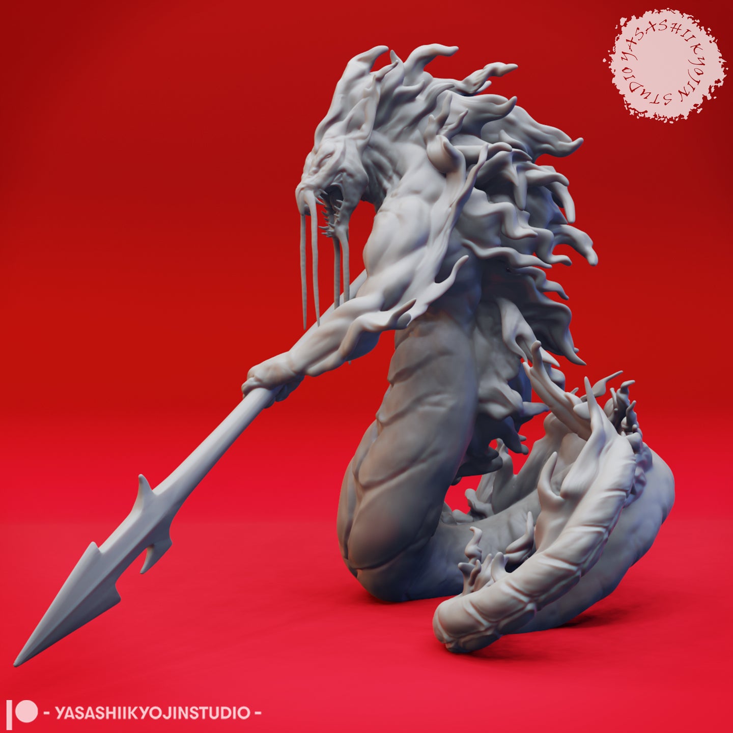 Digital render of the Flame Salamander 01 miniature — rear three-quarter view showing the sweeping flame-tendril lower body, broad muscular back, wide-open maw with rows of teeth and dripping strings, and the barbed spear extended forward. Grey unpainted sculpt on a red background.