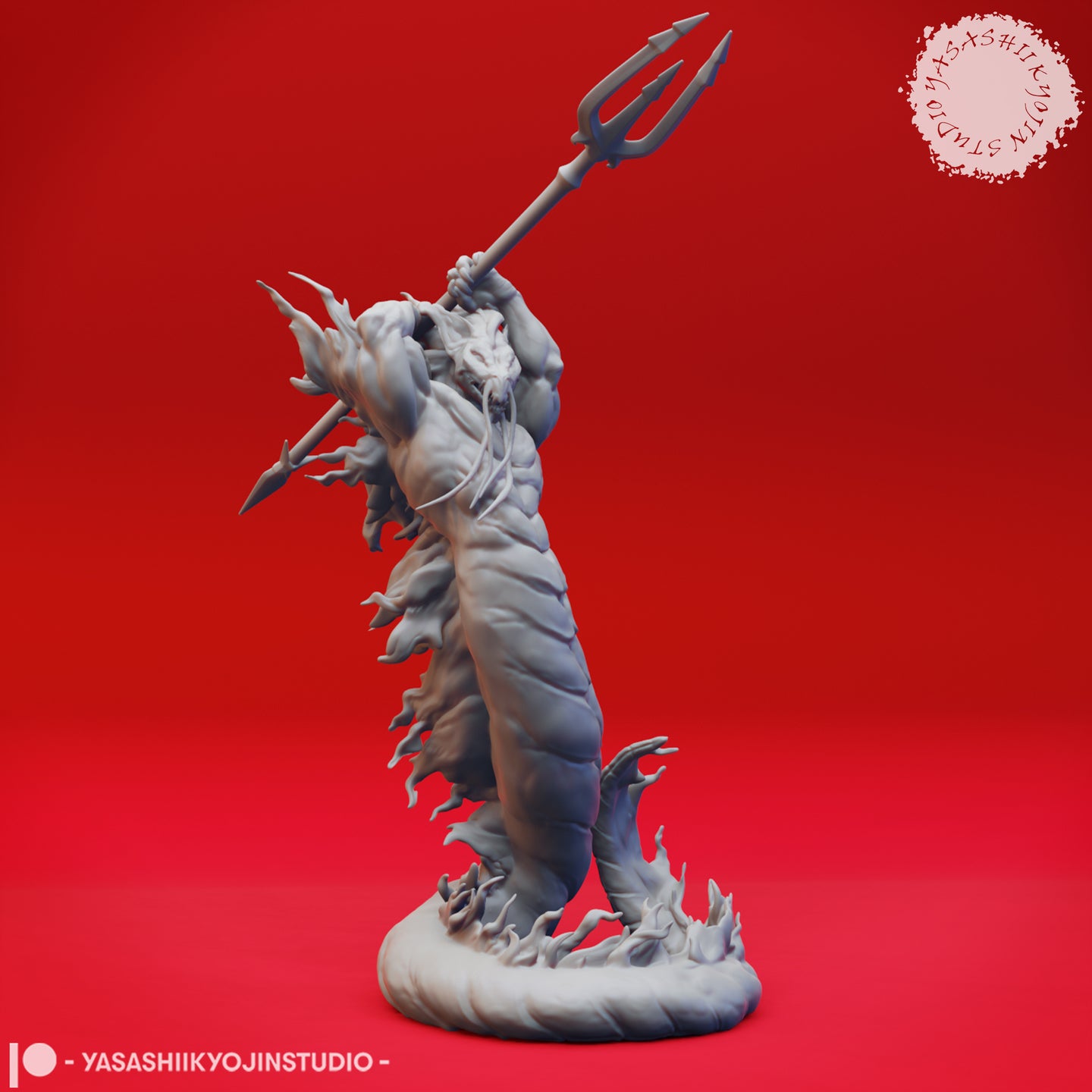 Unpainted grey resin render of Flame Salamander 02 miniature — a large serpentine elemental with a beast skull face, coiling lower body, and both arms raised overhead wielding a trident, surrounded by tattered flame-like protrusions, on a sculpted fire base