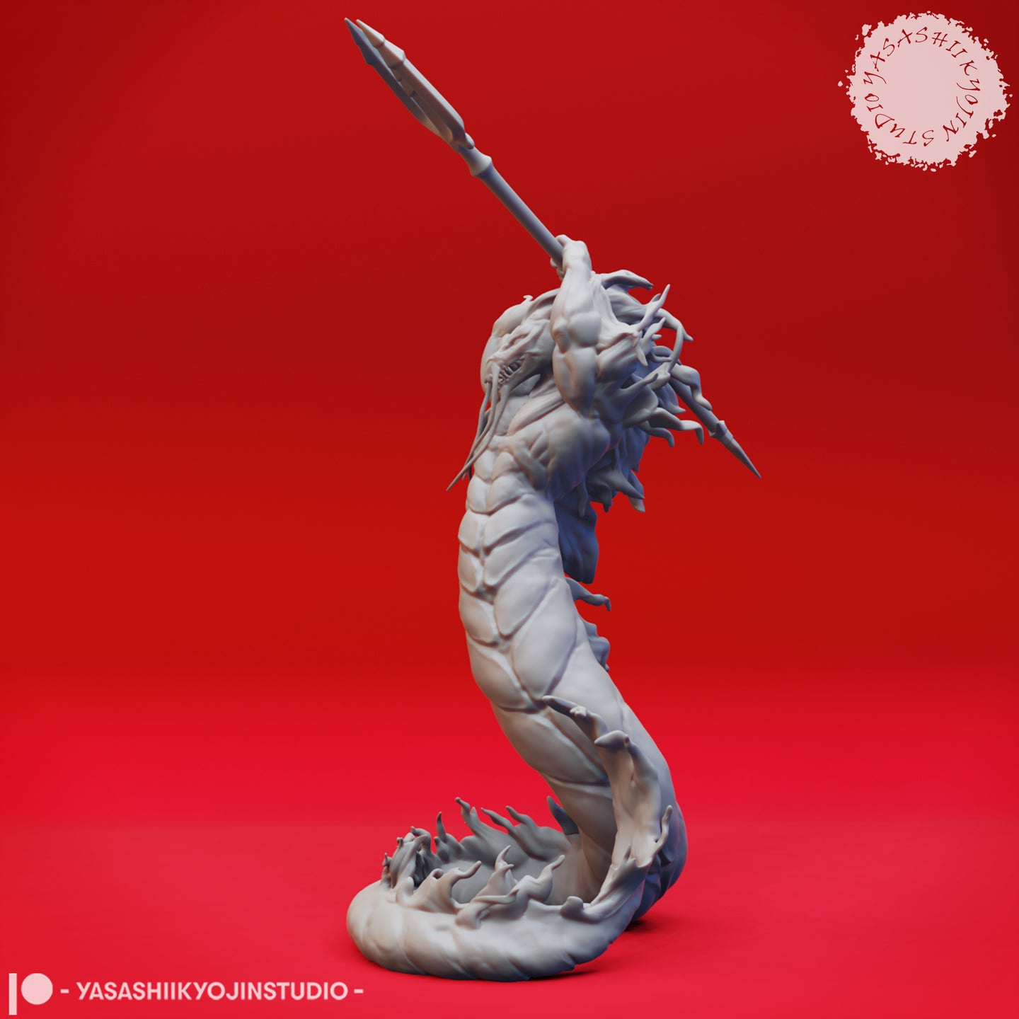 Rear three-quarter view of the Flame Salamander 02 miniature render showing the segmented scaled underbelly, wild mane of jagged spines, and a secondary spear weapon visible at the side, with the coiling tail base detailed below