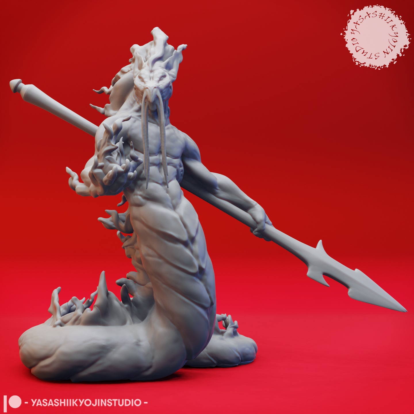 Grey resin digital render of the Flame Salamander 03 miniature from Yasashii Kyojin Studios — front-left view showing the serpentine-bodied elemental warrior gripping a long war-spear diagonally across its chest, with fire tendrils erupting from its draconic head and a roiling flame base beneath its coiled lower body