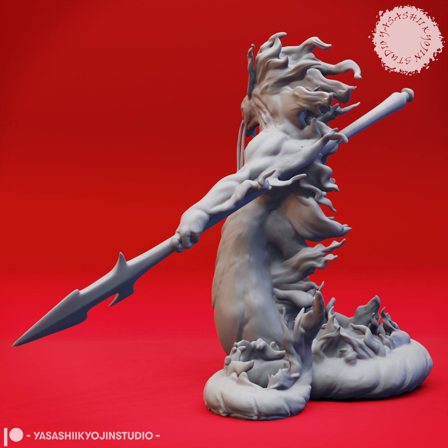 Grey resin digital render of the Flame Salamander 03 miniature — rear-left view showing the creature's broad muscular back, flame-wreathed mane flowing upward, and both hands gripping the war-spear extended forward across its body, with the detailed spiral flame base visible from behind