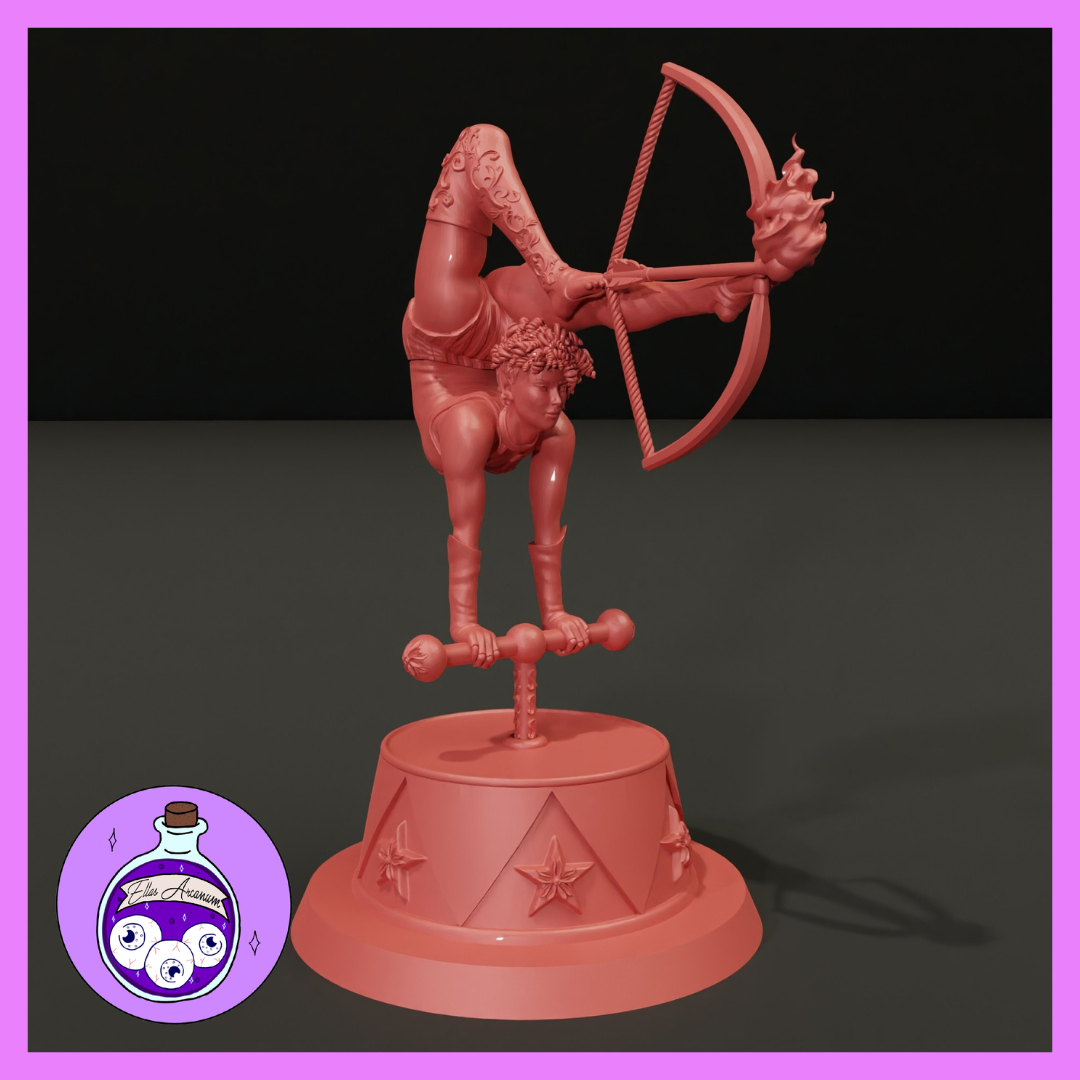 Acrobatic female archer balancing in a handstand on a T-bar perch, drawing a flaming bow overhead, legs split wide with scrollwork detailing. Sculpt by Ella's Arcanum Minis.