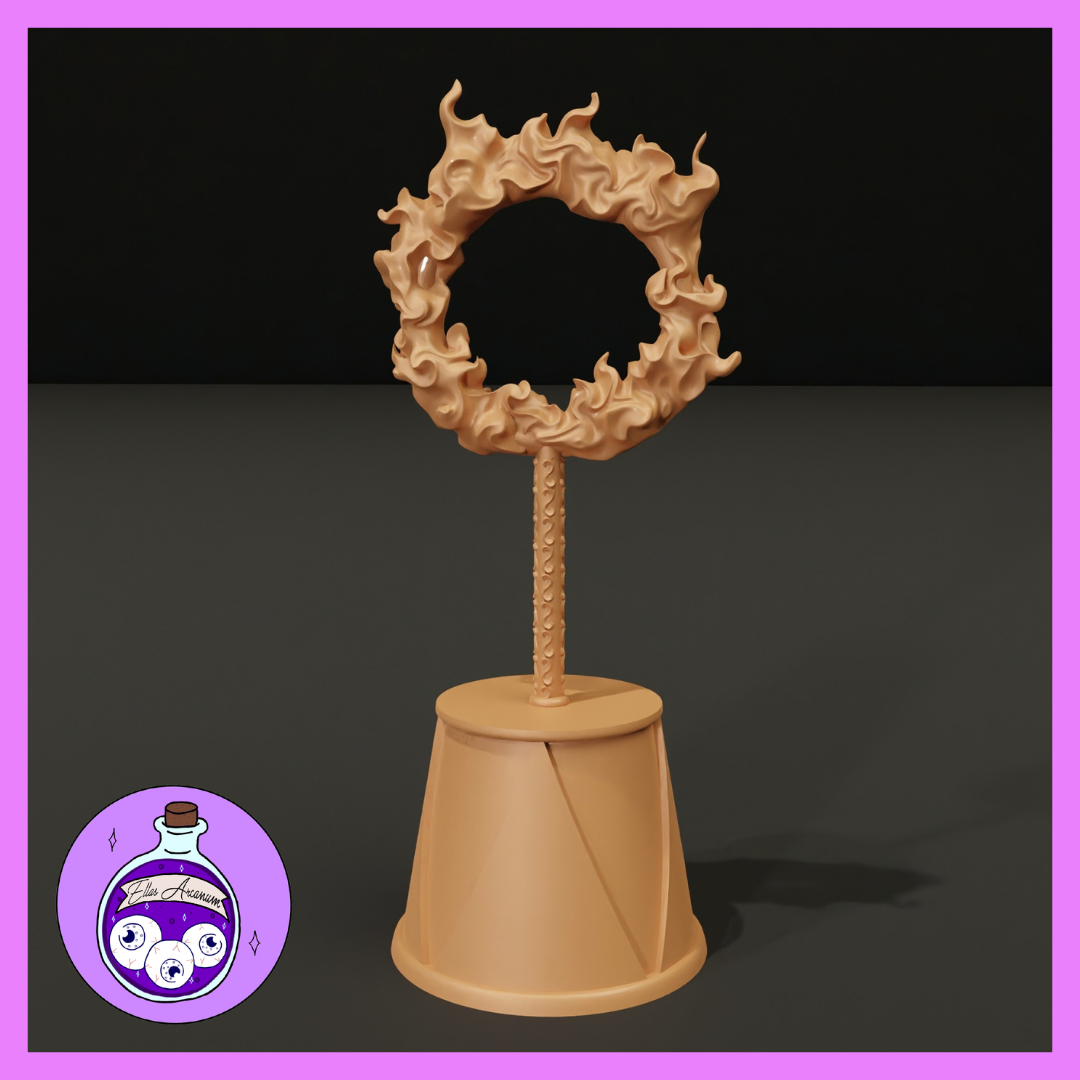 A circular ring of sculpted flames mounted on a ridged, tapered ceremonial stand. The flame detail curls outward around the full hoop. Sculpt by Ella's Arcanum Minis.