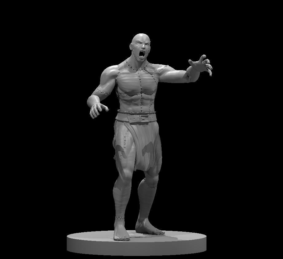 Grey resin digital render of a Flesh Golem miniature at 32mm scale — a bald, bare-chested humanoid with thick stitching across the torso and shoulders, mouth open in a roar, both arms raised with grasping fingers, mounted on a round base