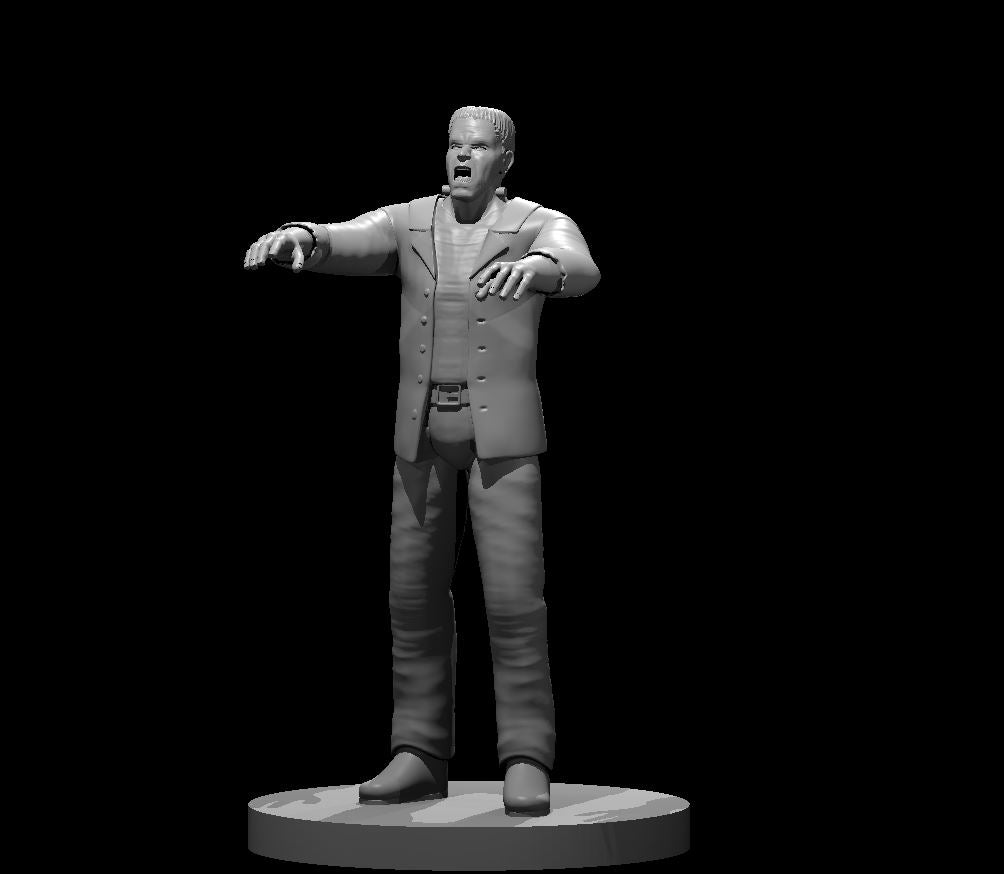 Grey resin digital render of a classic flesh golem miniature at 32mm scale — flat-top head with neck bolts, heavy build in a strained suit jacket, one arm outstretched and clawed hands raised, snarling expression, on a plain round base