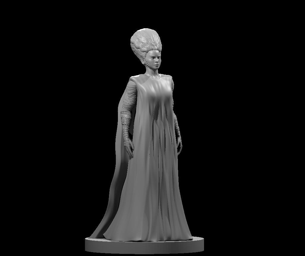 Unpainted grey resin miniature of a female flesh golem at 32mm scale — a tall, composed figure in a floor-length flowing gown with bandage-wrapped arms and a dramatically towering bridal hairstyle, standing on a round base