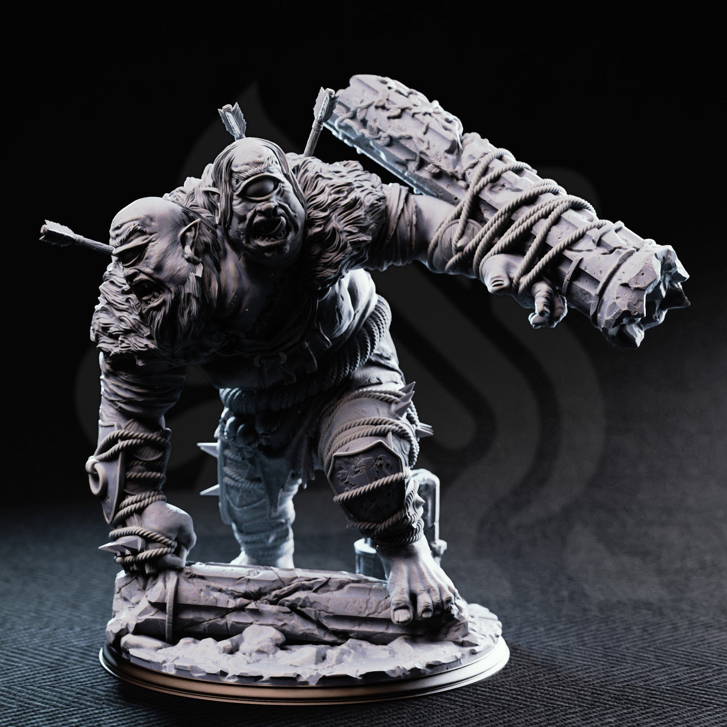 Unpainted grey resin miniature of Flim and Krim the Ettin Brute, photographed against a dark background, showing the full front view with the spiked club extended, rope-wrapped limbs, spiked knee guards, and a detailed scenic base of arena rubble and broken stone