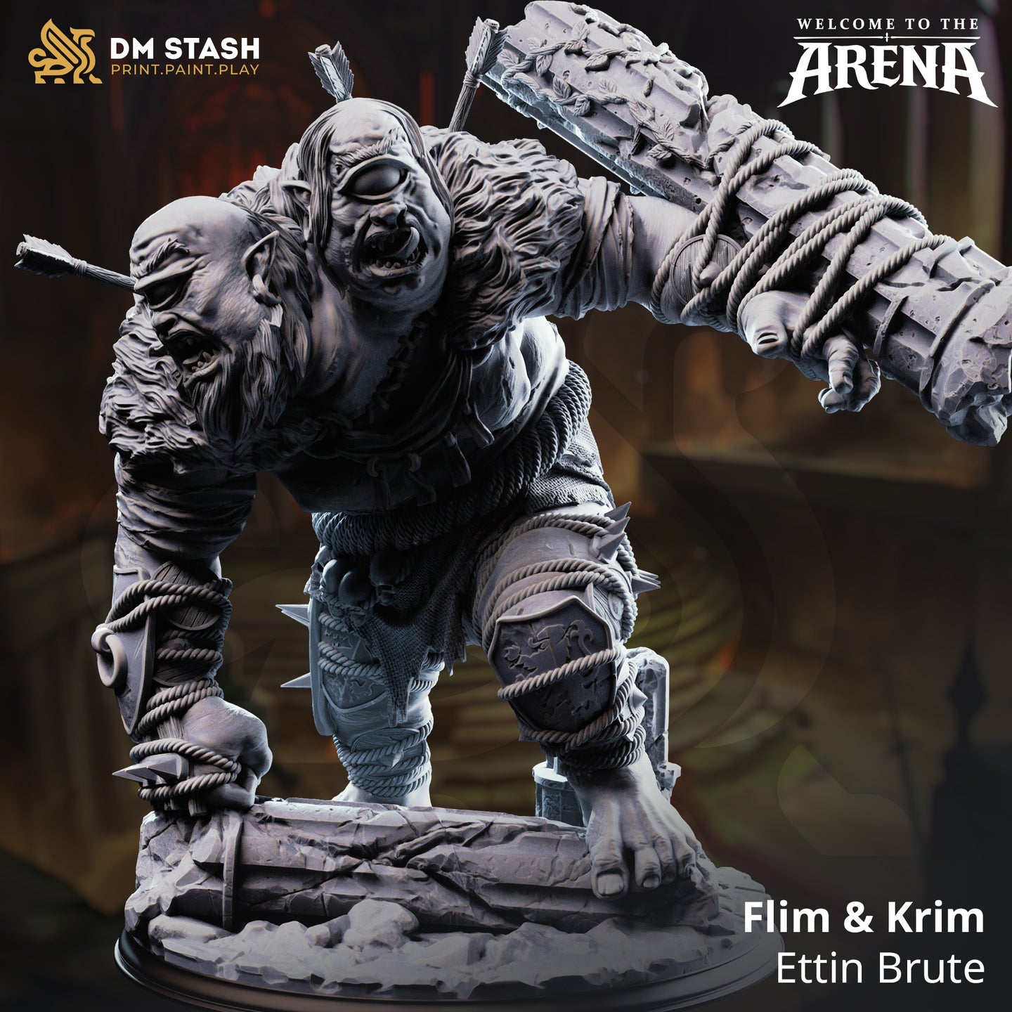 Digital render of Flim and Krim the Ettin Brute miniature from DM Stash's Welcome to the Arena collection, showing the two-headed giant mid-charge with a massive rope-bound spiked club raised overhead, broken arrows jutting from the matted fur between both snarling heads, set against a dimly lit arena background