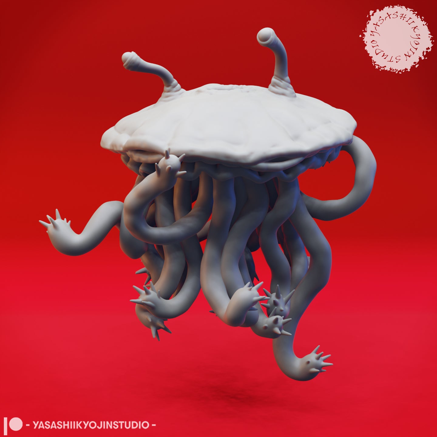 Digital render of an unpainted grey Flumph miniature by Yasashii Kyojin Studios, showing the creature's broad pale dome with two upward-curving eye-stalks, and a mass of writhing tentacles beneath — some tipped with small clawed hands, others coiling freely — floating against a red background