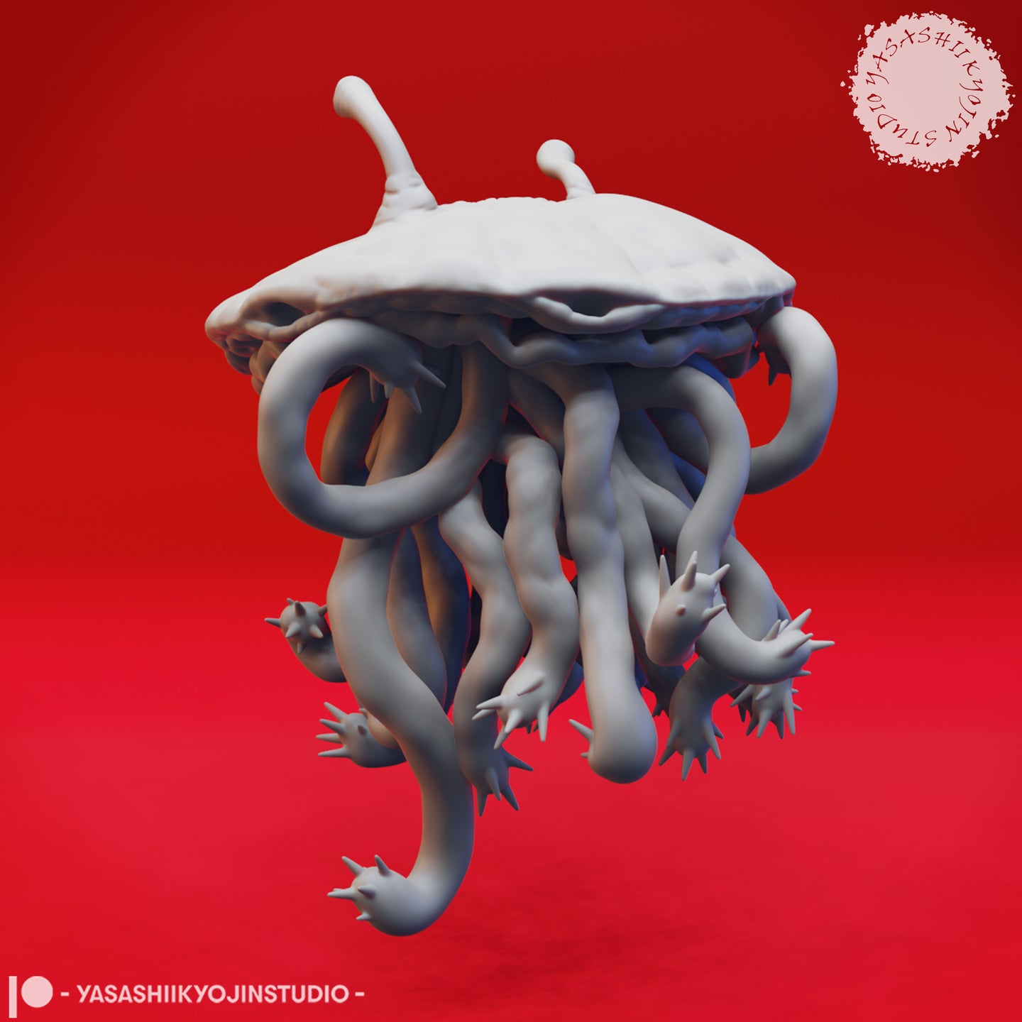 Alternate angle digital render of the unpainted grey Flumph miniature, showing the rear and side of the tentacle mass in greater detail — tentacles intertwining and curling with barbed claw-tips visible at several ends, dome surface smooth and bulbous above