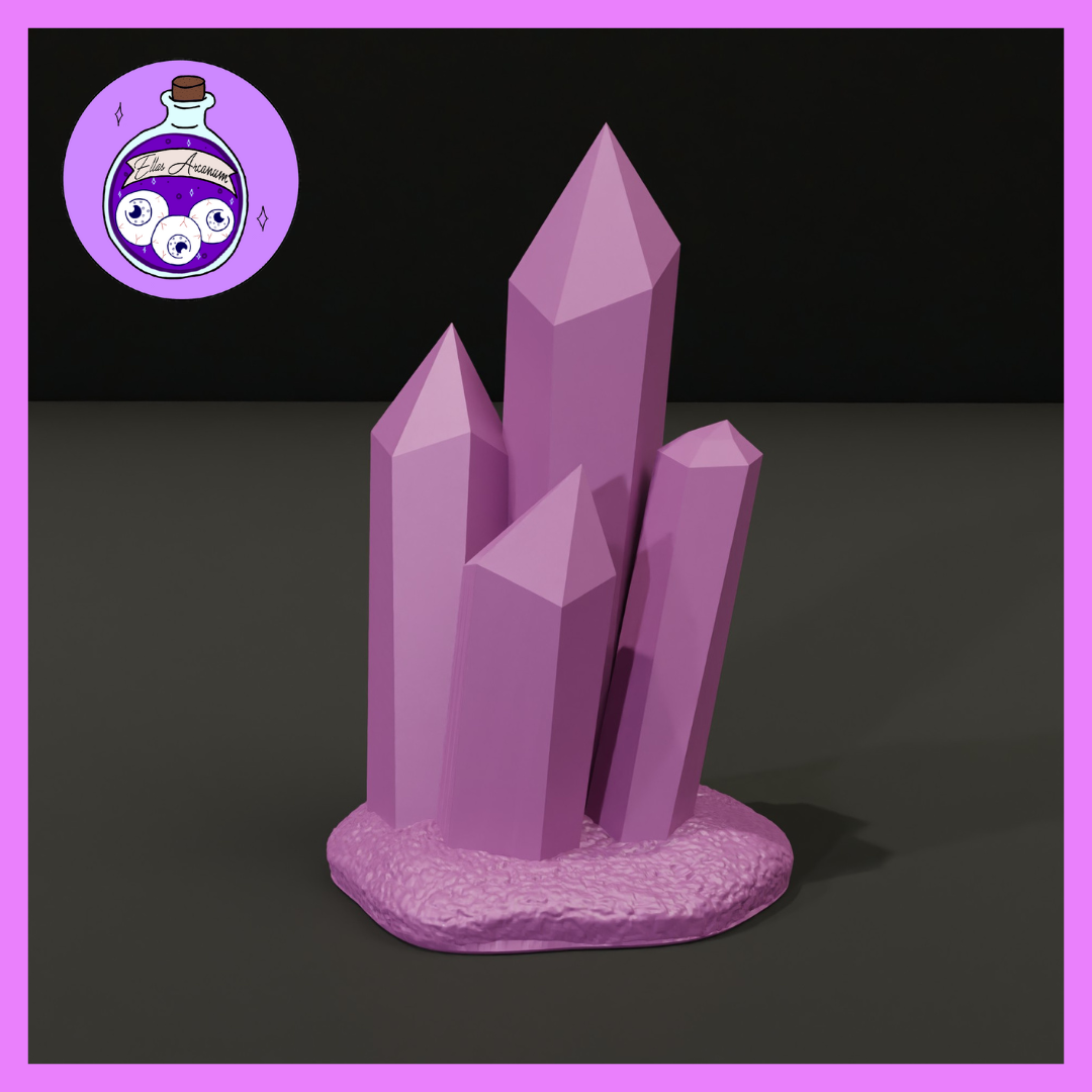 Digital render of a pale violet fluorite crystal cluster scatter terrain piece, featuring four faceted spires of varying heights rising from a textured rocky oval base, shown unprimed against a dark background