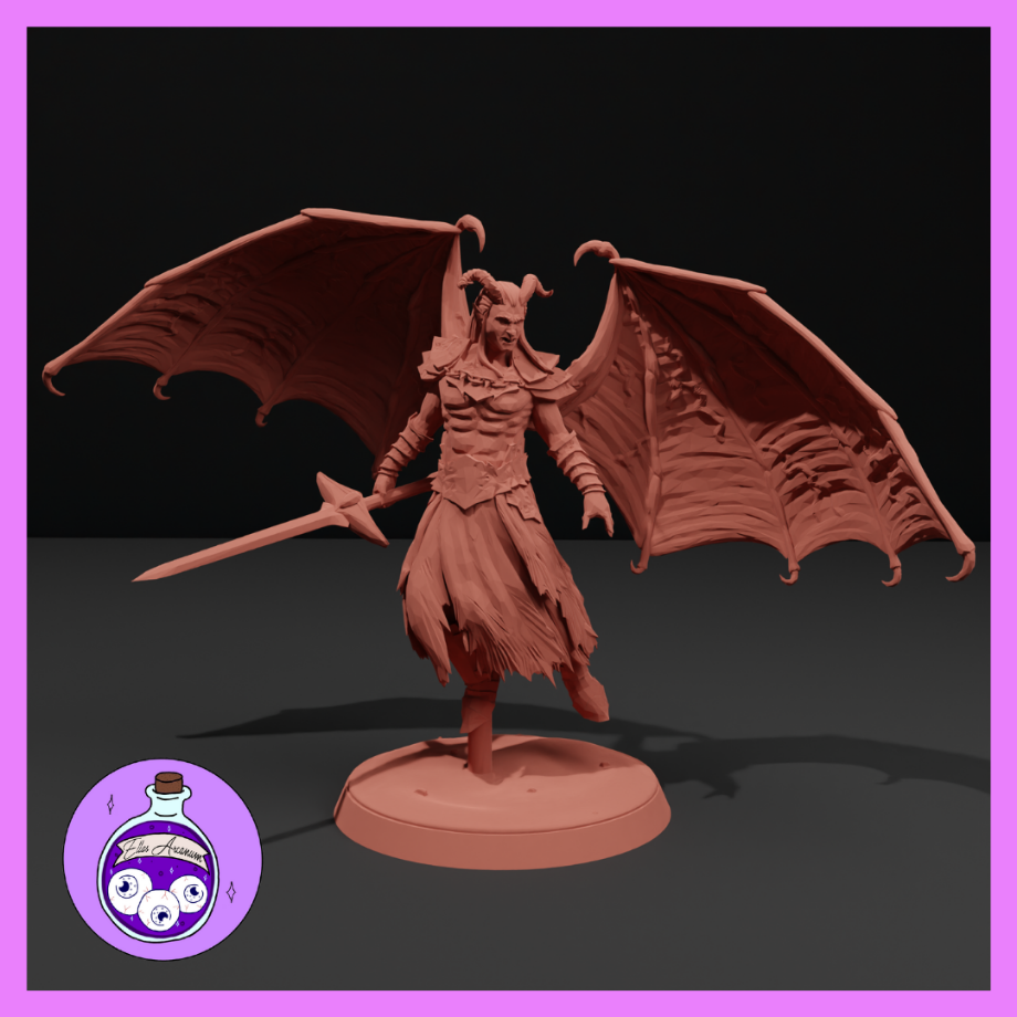 Unpainted terracotta-coloured resin miniature of a flying cambion — a winged male fiend with curved horns, large bat-like wings spread wide, tattered robes, and a longsword raised in his right hand. Mounted on a round base. Sculpted by Ella's Arcanum Minis. 32mm scale tabletop miniature for D&D and TTRPG.
