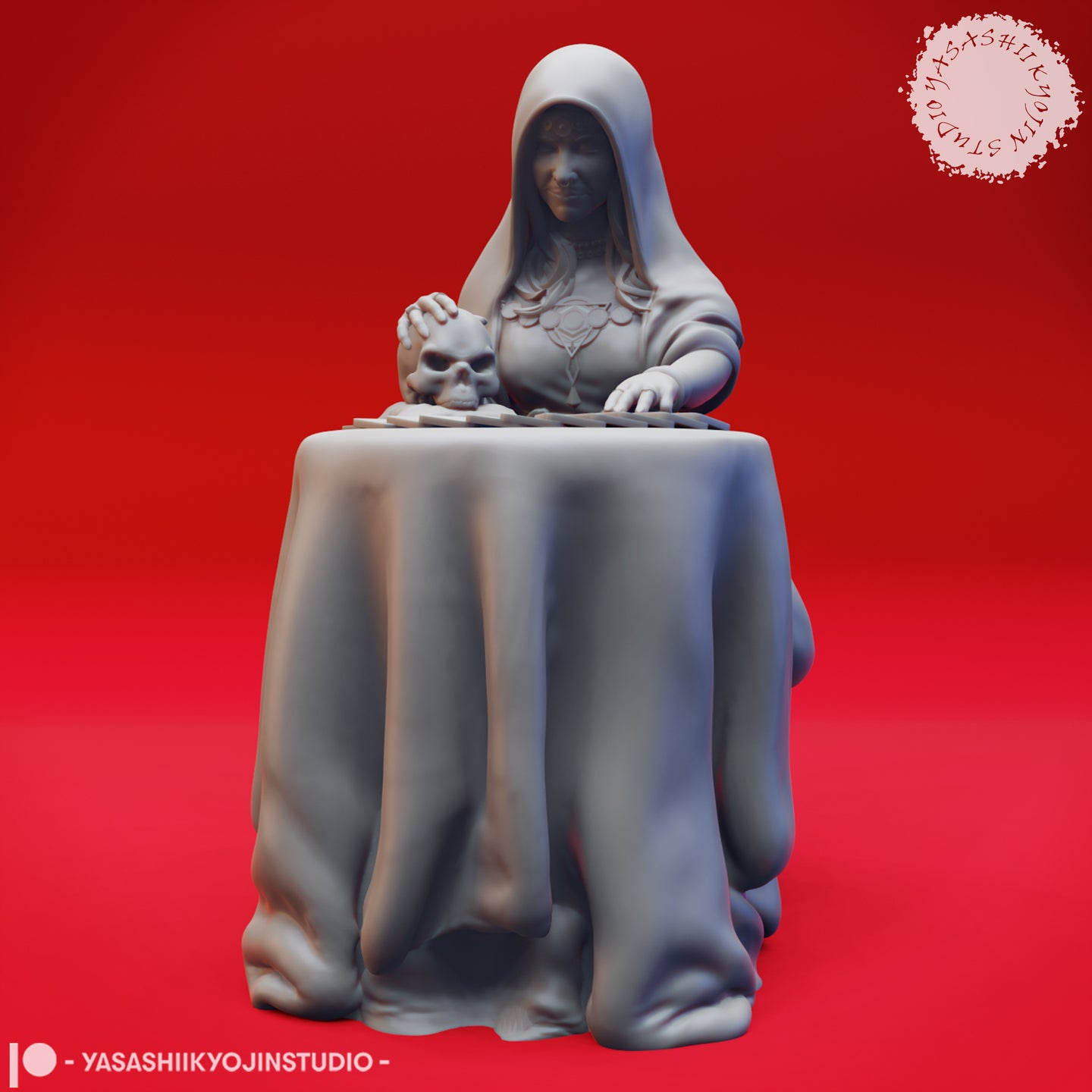 Front-facing digital render of an unpainted grey resin Fortune Teller miniature — a hooded woman seated at a cloth-draped table, one hand resting on a skull and the other on tarot cards spread across the surface. Deep robes with fine fabric detail. 32mm scale.